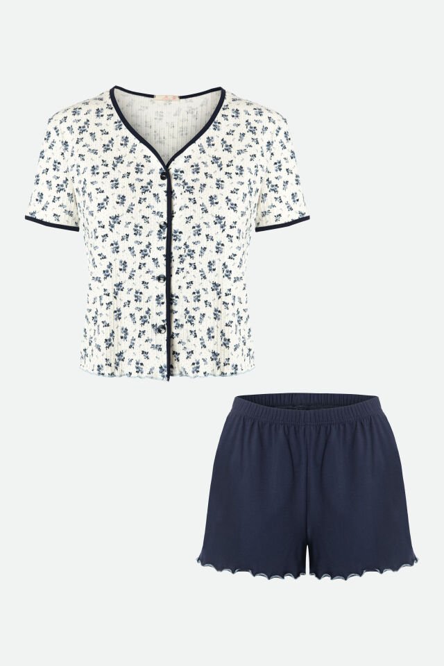 Kadın Çiçek Desenli Ajur Kaşkorse Şortlu Pijama Takımı L - Ekru - Siyah