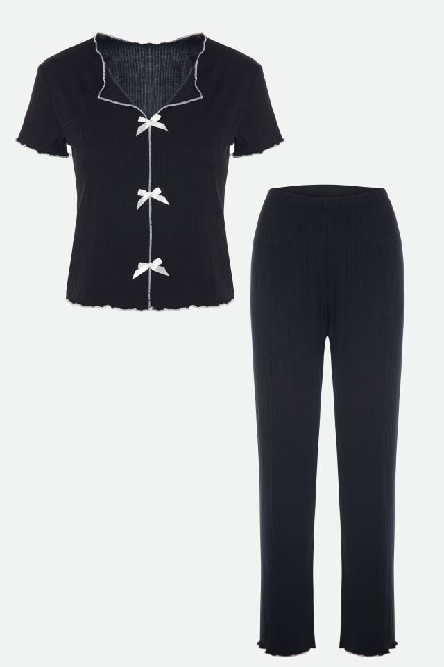 Kadın Kısa Kollu Fiyonklu Fitilli Pijama Takımı XL - Yeşil