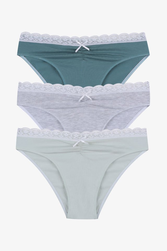 Kadın Ön Bel Dantelli Büzgülü ve Fiyonk Detaylı Lastikli Külot 3'lü XL - Yeşil - Gri